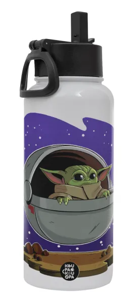 Baby Yoda mandalorian — Metal mug thermo White with Straw and Spout Lid (Stainless steel), double wall, 950ml