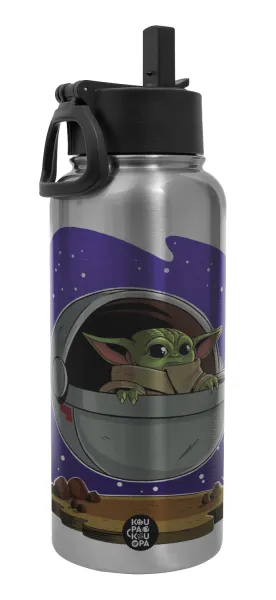 Baby Yoda mandalorian — Μεταλλικό παγούρι θερμός Silver με καλαμάκι και χερούλι (Stainless steel), διπλού τοιχώματος, 950ml