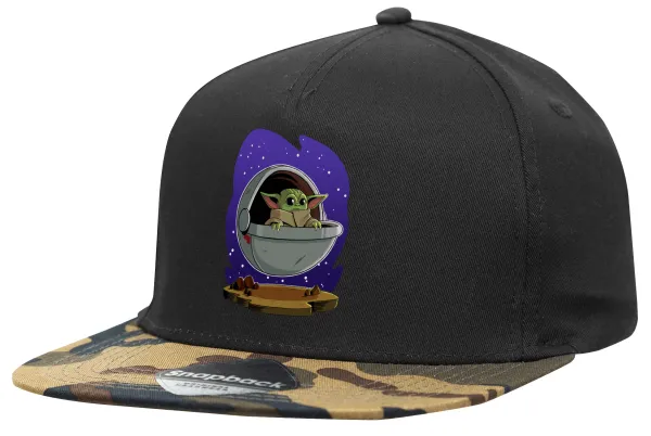 Baby Yoda mandalorian — Adult Flat Snapback Hat Black/Camouflage, (100% COTTON TWILL, ADULT, UNISEX, ONE SIZE)