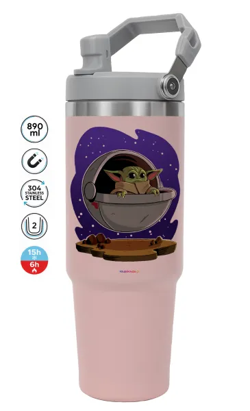 Baby Yoda mandalorian — ΡΟΖ Travel Tumbler Θερμός με χερούλι και καλαμάκι 890ml