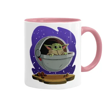 Baby Yoda mandalorian, Κούπα χρωματιστή ροζ, κεραμική, 330ml