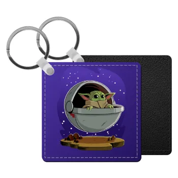 Baby Yoda mandalorian, Μπρελόκ Δερματίνη, τετράγωνο ΜΑΥΡΟ (5x5cm)