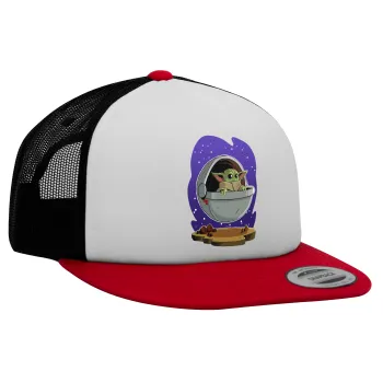 Baby Yoda mandalorian, Καπέλο Ενηλίκων Foam Flat Snapback με Δίχτυ Κόκκινο-Λευκό-Μαύρο (POLYESTER, ΕΝΗΛΙΚΩΝ, UNISEX, ONE SIZE)