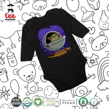 Baby Yoda mandalorian, Μακρυμάνικο βρεφικό φορμάκι, 0-18 μηνών, ΜΑΥΡΟ, 100% Organic Cotton