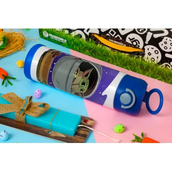 Baby Yoda mandalorian, Easter candle, Childrens hot water bottle, stainless steel, with safety straw, BLUE (500ml)