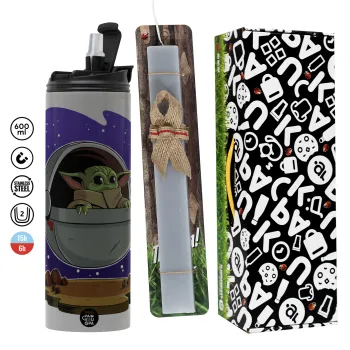 Baby Yoda mandalorian, Easter candle with Grey Tumbler Thermo 600ml & aromatic flat candle (30cm) (GREY)