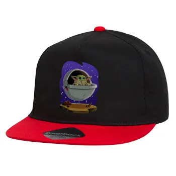 Baby Yoda mandalorian, Καπέλο παιδικό Flat Snapback, Μαύρο/Κόκκινο (100% ΒΑΜΒΑΚΕΡΟ, ΠΑΙΔΙΚΟ, UNISEX, ONE SIZE)