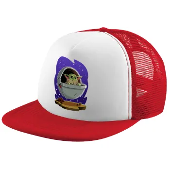Baby Yoda mandalorian, Adult Soft Trucker Hat with Red/White Mesh (POLYESTER, ADULT, UNISEX, ONE SIZE)