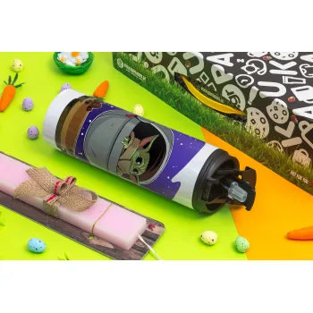 Baby Yoda mandalorian, Easter candle,Travel Tumbler 2 Lids, with metal straw & cleaning brush & aromatic flat candle (30cm) (PINK)