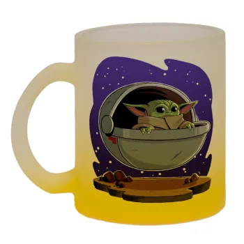 Baby Yoda mandalorian, Κούπα γυάλινη δίχρωμη με βάση το κίτρινο ματ, 330ml