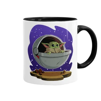 Baby Yoda mandalorian, Κούπα χρωματιστή μαύρη, κεραμική, 330ml