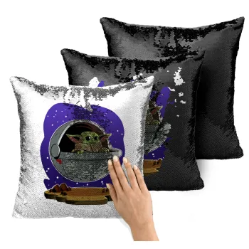 Baby Yoda mandalorian, Μαξιλάρι καναπέ Μαγικό Μαύρο με πούλιες 40x40cm περιέχεται το γέμισμα