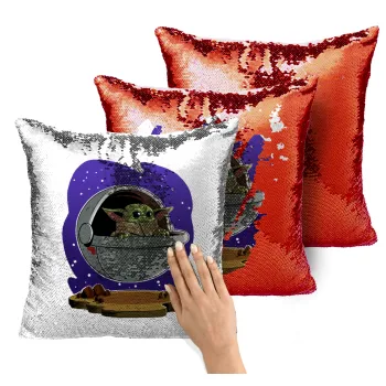 Baby Yoda mandalorian, Μαξιλάρι καναπέ Μαγικό Κόκκινο με πούλιες 40x40cm περιέχεται το γέμισμα