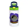Children's hot water bottle, stainless steel, with safety straw, green, blue (350ml)