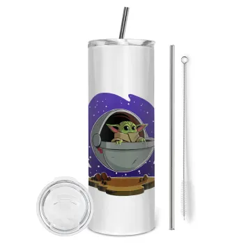 Baby Yoda mandalorian, Tumbler stainless steel 600ml, with metal straw & cleaning brush