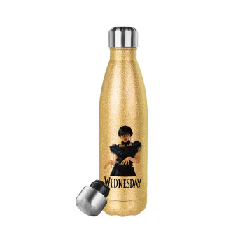 Wednesday Adams, dance with hands, Μεταλλικό παγούρι θερμός Glitter χρυσό (Stainless steel), διπλού τοιχώματος, 500ml