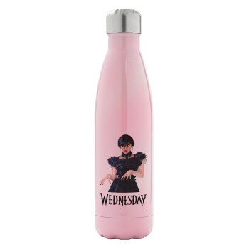 Wednesday Adams, dance with hands, Metal mug thermos Pink Iridiscent (Stainless steel), double wall, 500ml
