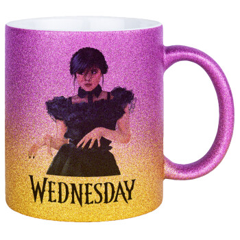 Wednesday Adams, dance with hands, Κούπα Χρυσή/Ροζ Glitter, κεραμική, 330ml