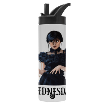 Wednesday Adams, dance with hands, Metallic thermos bottle with straw & handle, stainless steel (Stainless steel 304), double-walled, 600ml.