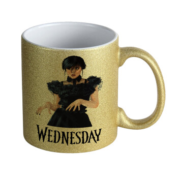 Wednesday Adams, dance with hands, Κούπα Χρυσή Glitter που γυαλίζει, κεραμική, 330ml