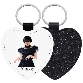 Wednesday Adams, dance with hands, Μπρελόκ PU δερμάτινο glitter καρδιά ΜΑΥΡΟ