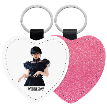 Wednesday Adams, dance with hands, Μπρελόκ PU δερμάτινο glitter καρδιά ΡΟΖ