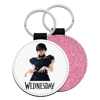 Wednesday Adams, dance with hands, Μπρελόκ Δερματίνη, στρογγυλό ΡΟΖ (5cm)