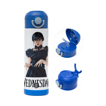 Wednesday Adams, dance with hands, Children's hot water bottle, stainless steel, with safety straw, BLUE (500ml)