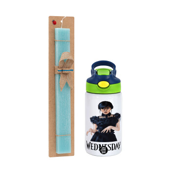 Wednesday Adams, dance with hands, Easter Set, Children's thermal stainless steel bottle with safety straw, green/blue (350ml) & aromatic flat Easter candle (30cm) (TURQUOISE)
