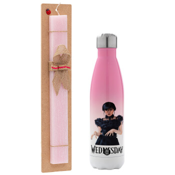 Wednesday Adams, dance with hands, Easter Set, Metallic pink/white (Stainless steel) thermos, double-walled, 500ml & aromatic flat Easter candle (30cm) (PINK)