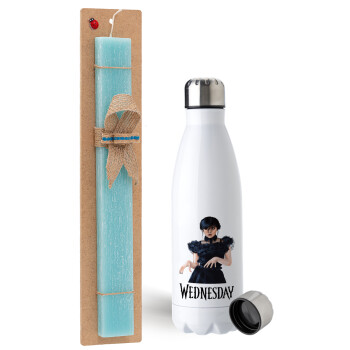 Wednesday Adams, dance with hands, Easter Set, metallic stainless steel water bottle (750ml) & aromatic flat Easter candle (30cm) (TURQUOISE)