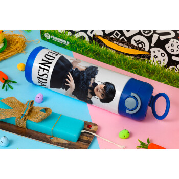 Wednesday Adams, dance with hands, Easter candle, Childrens hot water bottle, stainless steel, with safety straw, BLUE (500ml)