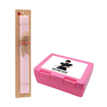 Wednesday Adams, dance with hands, Easter Set, children's snack container PINK & scented flat Easter candle (30cm) (PINK)