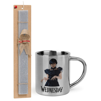 Wednesday Adams, dance with hands, Easter Set, metallic thermal cup (300ml) & Easter aromatic flat candle (30cm) (GRAY)