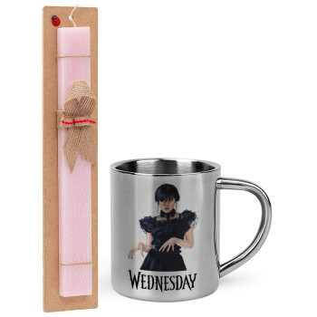 Wednesday Adams, dance with hands, Easter Set, metallic thermal cup (300ml) & aromatic flat Easter candle (30cm) (PINK)