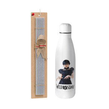 Wednesday Adams, dance with hands, Easter Set, metallic stainless thermos bottle (500ml) & scented flat Easter candle (30cm) (GRAY)