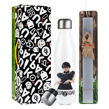 Wednesday Adams, dance with hands, Easter candle, metallic white thermos bottle (500ml) & aromatic flat candle (30cm) (GRAY)