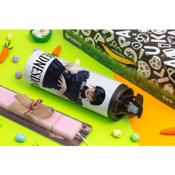 Wednesday Adams, dance with hands, Πασχαλινή Λαμπάδα με Travel Tumbler θερμό με διπλό καπάκι (600ml, BPA free) & κερί αρωματικό πλακέ (30cm) (ΡΟΖ)