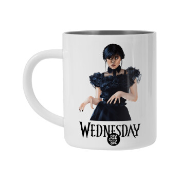 Wednesday Adams, dance with hands, Λευκή Ανοξείδωτη Μεταλλική Κούπα 450ml - Διπλού Τοιχώματος 