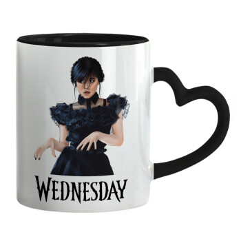 Wednesday Adams, dance with hands, Mug heart black handle, ceramic, 330ml