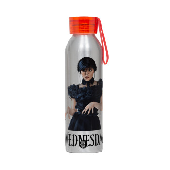 Wednesday Adams, dance with hands, Aluminum Sports Bottle 650ml – Silver with Red Cap and Silicone Strap