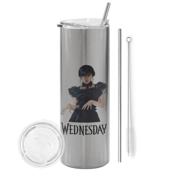 Wednesday Adams, dance with hands, Eco friendly stainless steel Silver tumbler 600ml, with metal straw & cleaning brush