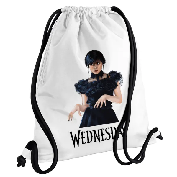 Wednesday Adams — Τσάντα πλάτης πουγκί GYMBAG λευκή, με τσέπη (40x48cm) & χονδρά κορδόνια