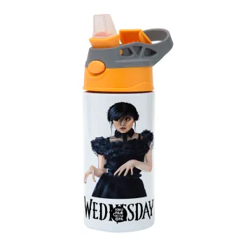 Wednesday Adams, dance with hands, Children's hot water bottle, stainless steel, with safety straw, Orange/Grey (360ml) BPA-FREE