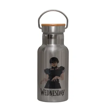 Wednesday Adams, dance with hands, Stainless steel metallic thermos flask, silver with a bamboo lid, double-walled, 350ml.