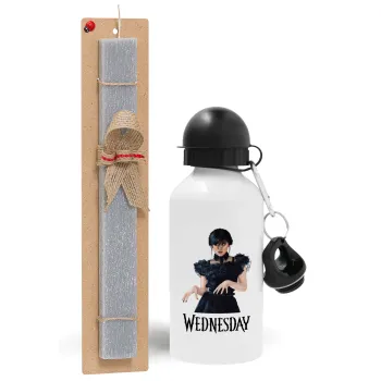 Wednesday Adams, dance with hands, Πασχαλινή Λαμπάδα με παγούρι μεταλλικό  αλουμινίου (500ml) & κερί αρωματικό πλακέ (30cm) (ΓΚΡΙ)