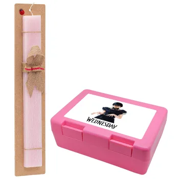 Wednesday Adams, dance with hands, Πασχαλινή Λαμπάδα με παιδικό δοχείο κολατσιού ΡΟΖ & κερί αρωματικό πλακέ (30cm) (ΡΟΖ)