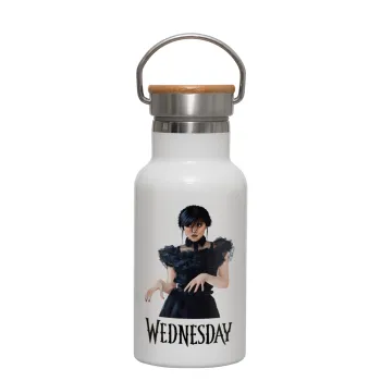 Wednesday Adams, dance with hands, Μεταλλικό παγούρι θερμός (Stainless steel) Λευκό με ξύλινο καπακι (bamboo), διπλού τοιχώματος, 350ml