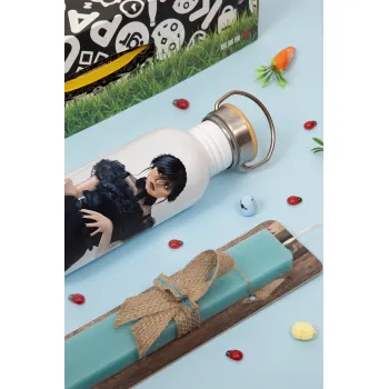 Wednesday Adams, dance with hands, Πασχαλινή Λαμπάδα με παγούρι μεταλλικό (620ml, stainless steel) & κερί αρωματικό πλακέ (30cm) (ΤΙΡΚΟΥΑΖ)