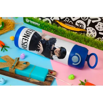 Wednesday Adams, dance with hands, Easter candle, Childrens hot water bottle, stainless steel, with safety straw, BLUE (500ml)